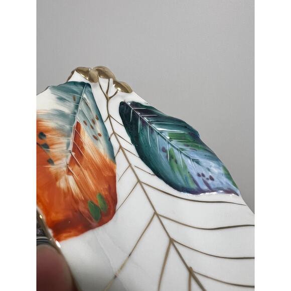 Vintage Hand Painted Leaf Style Trinket Dish Made in Japan Gold Turquoise - Picture 3 of 6